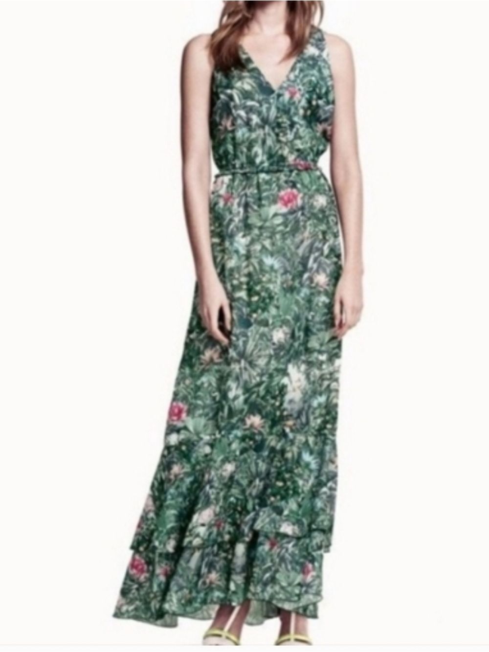 H&M Conscious Collection Green Tropical Print Floor Length Dress Size 10 - Picture 2 of 14